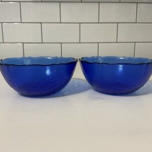 VTG GLCOLOC ARCOROC FRANCE Cobalt Blue Floral Small Glass Bowls Set of 2